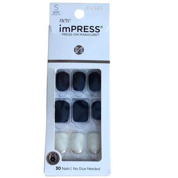imPRESS KISS Kingdom Short Squoval Press On Manicure Nails 89385 Blue Black Gold - Picture 1 of 6